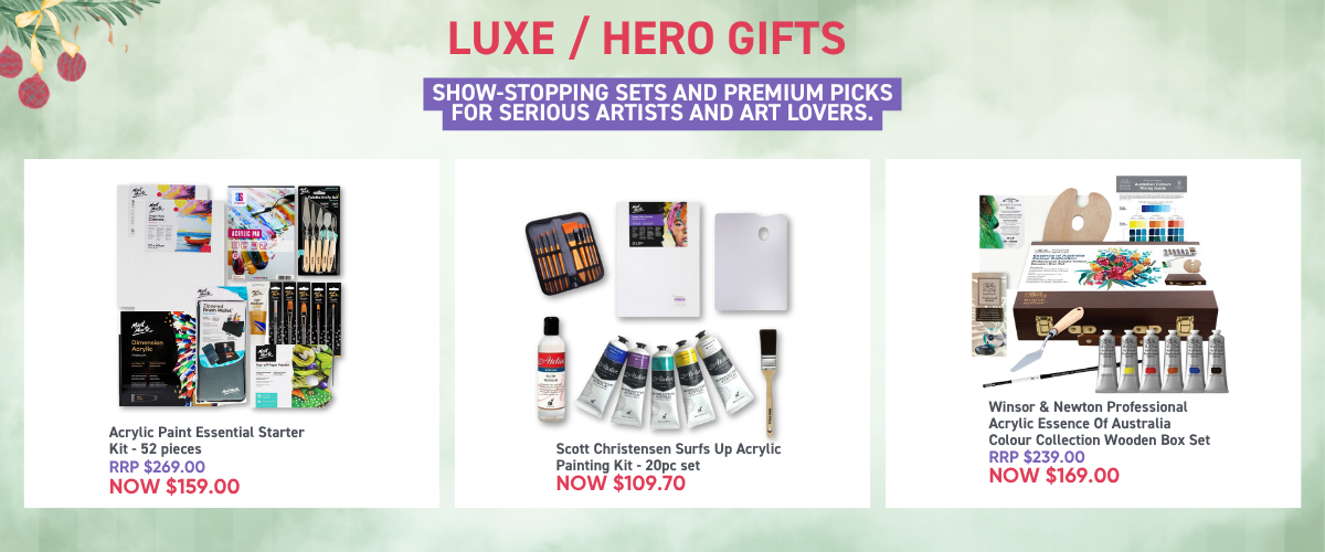 High-end acrylic art gifts including wooden box sets, premium paint kits, and professional tools showcased in a luxury-themed Christmas banner.