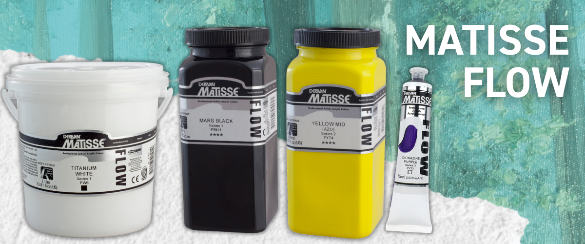 Matisse Flow acrylic paint tub, jars and tube displayed on a teal background