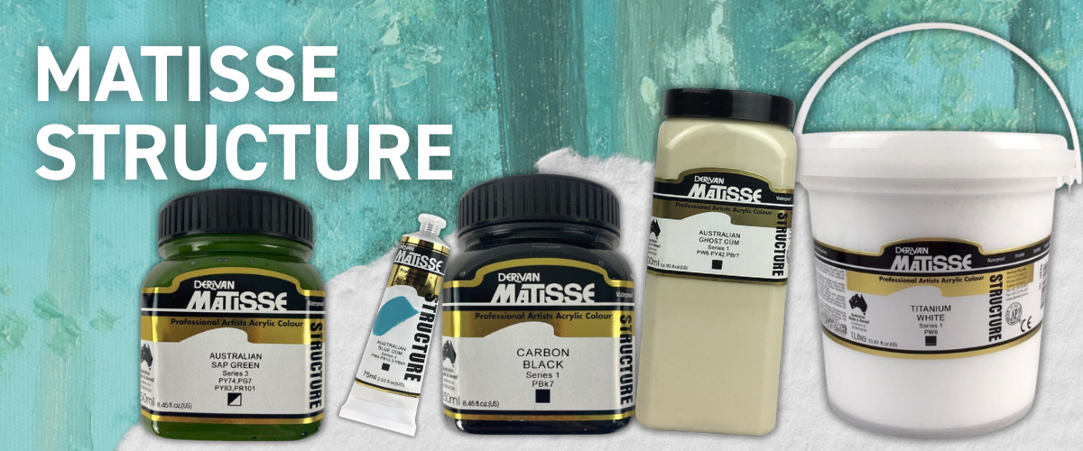 Matisse Structure acrylic paint jars, tube and tub displayed on a teal background