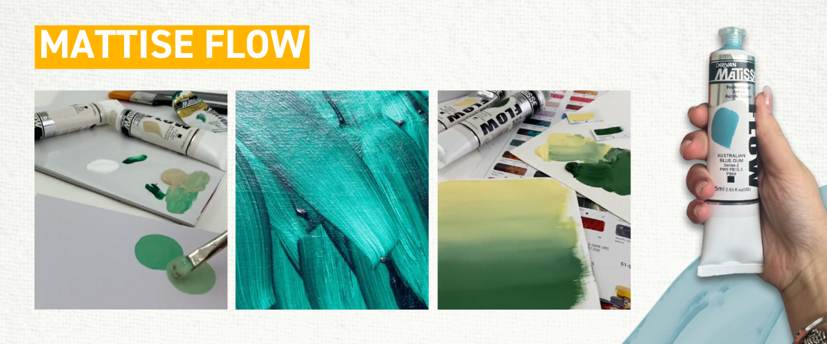 Matisse Flow Acrylic bottles beside vibrant flowing colour examples, showing soft body texture and rich pigment for layering and detail work.