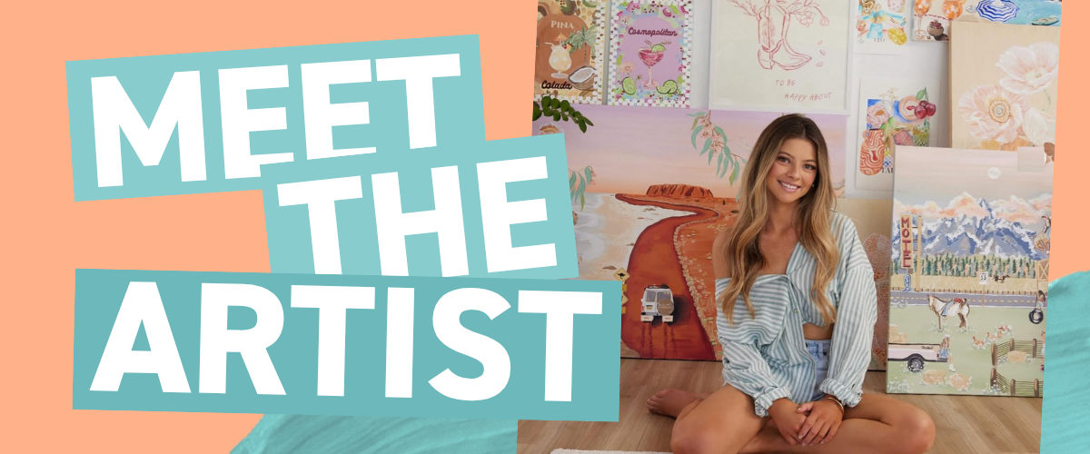 Meet the Artist, Created By Deli's Danielle Frost seated in front of her colourful travel and outback themed paintings