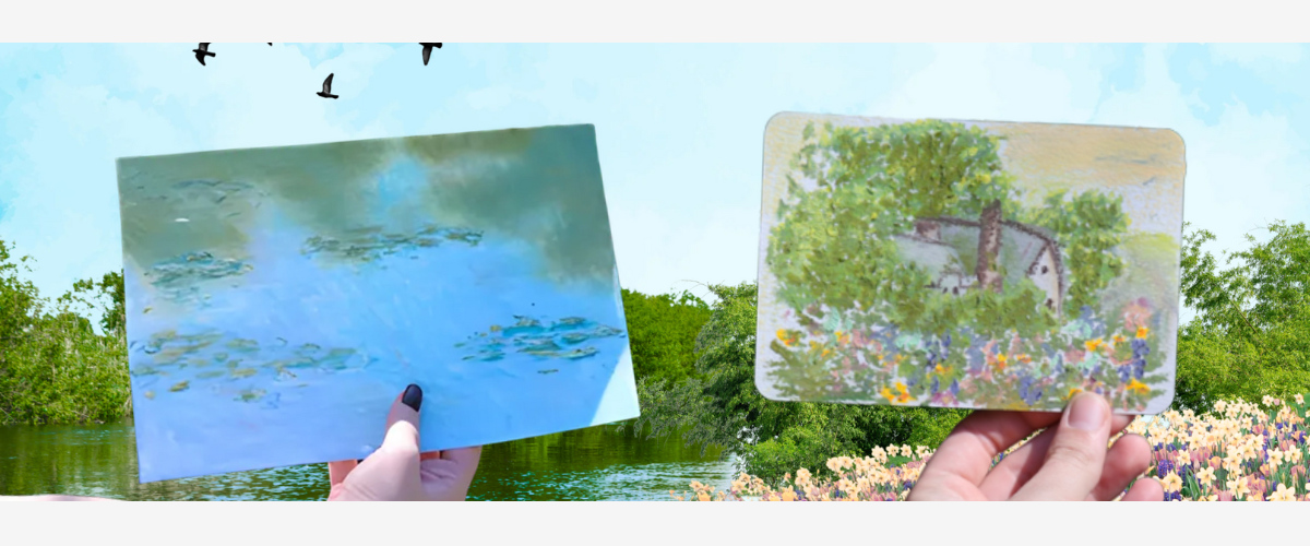 Serene art scene featuring sunlight, open sketchbook, and paint supplies, reinforcing calm and mindful creativity