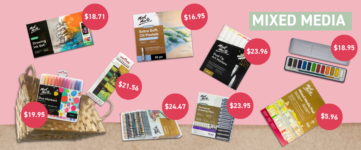 Mixed media budget gifts under $25 including markers, inks and pastel sets