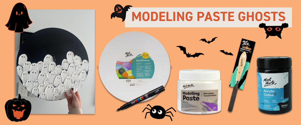 Textured modelling paste ghost wall art made with black canvas and Mont Marte modelling paste for Halloween decoration