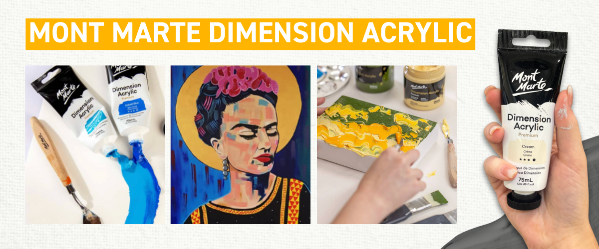 Mont Marte Dimension acrylic paint tubes with thick brushstrokes on canvas, showing high pigment load and heavy body texture ideal for impasto and palette knife techniques.