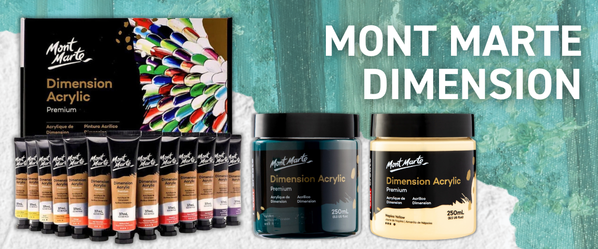 Mont Marte Dimension acrylic paint tubes and jars displayed on a teal background