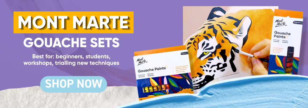 Mont Marte gouache paint sets — affordable beginner gouache paint tubes and colour swatches, Art Shed Australia