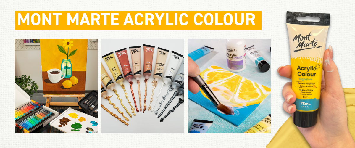 Mont Marte Acrylic Colour tubes and vibrant swatches on canvas, showcasing student-friendly paint ideal for beginners and hobby artists.