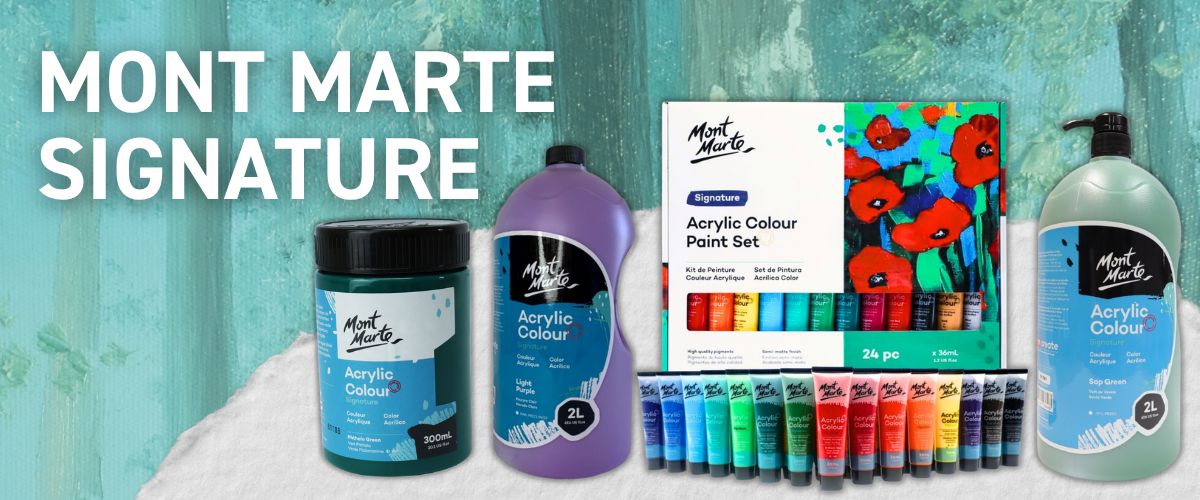Mont Marte Signature acrylic paint jars, pump bottle and 24-piece colour set displayed on a teal background