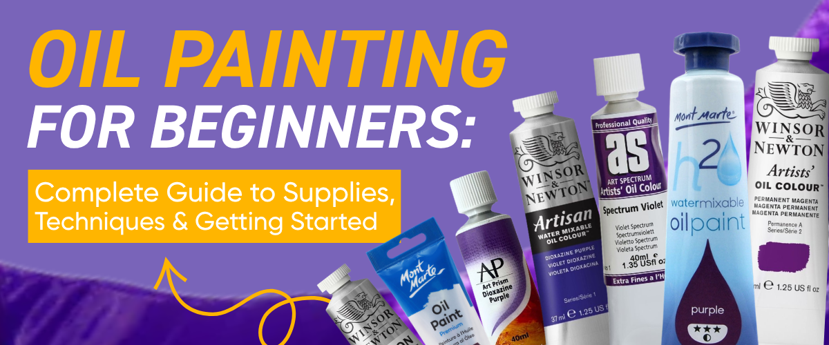 Beginner oil painting setup with brushes, oil paints, canvas and palette for an oil painting for beginners guide