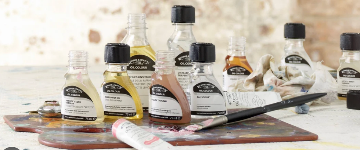 Art Shed oil painting mediums range with paints, brushes, solvents and artist supplies