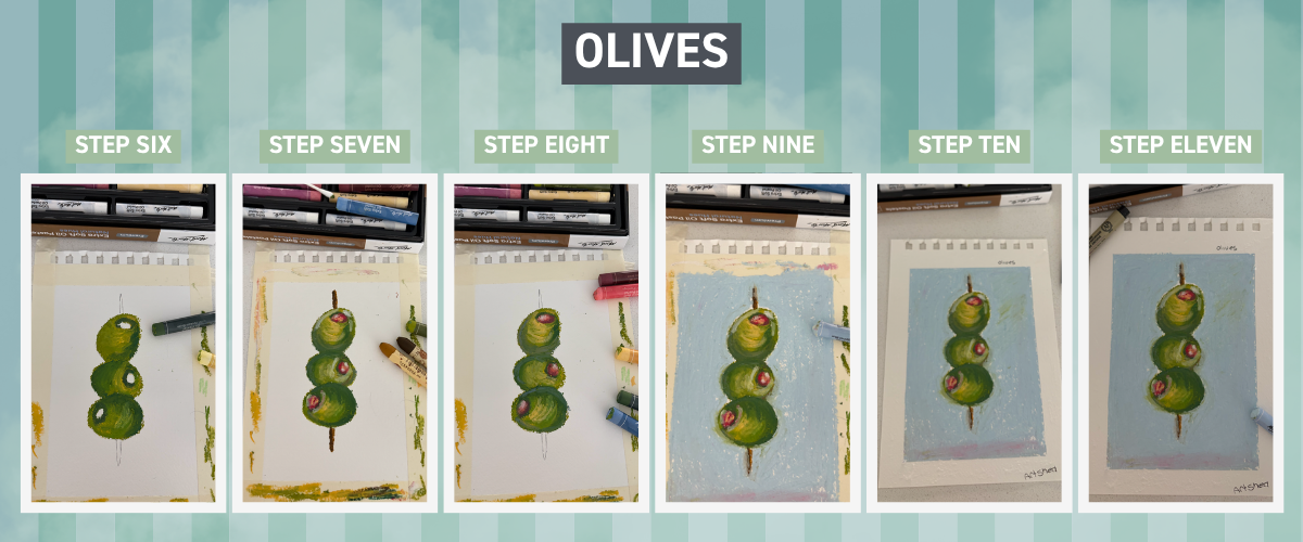 Oil pastel martini olives drawing with blended greens and warm tones on mixed media paper