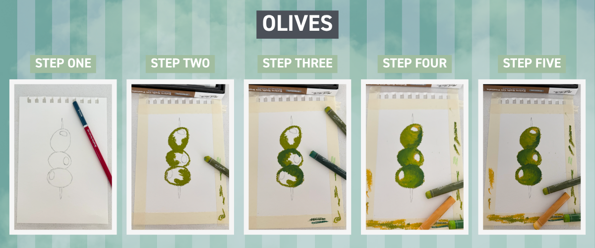 Oil pastel martini olives drawing with blended greens and warm tones on mixed media paper