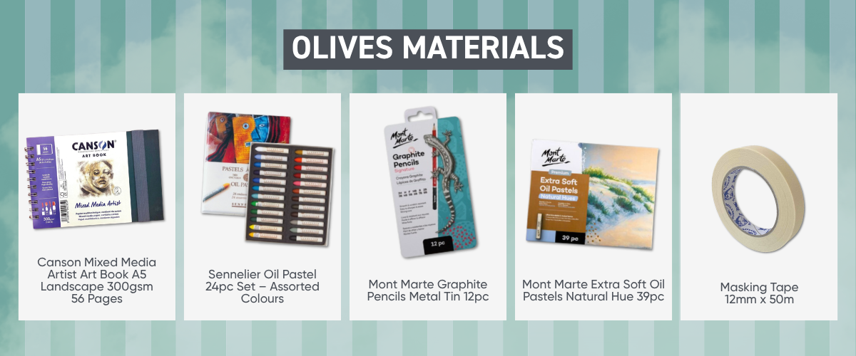 Oil pastel art supplies including soft pastels, mixed media paper, pencils and masking tape for beginner artwork