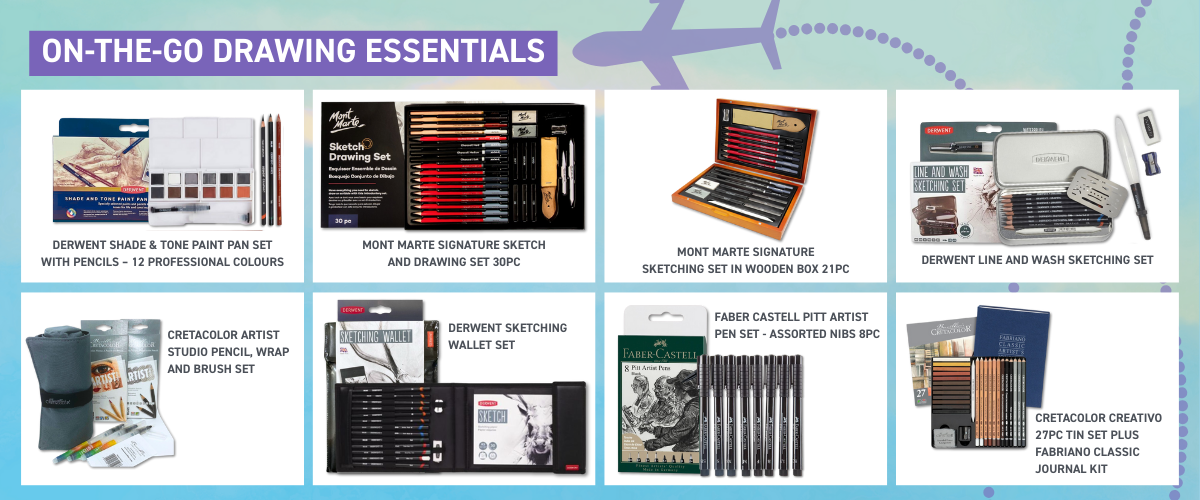 Travel sketching supplies including pencils, pens and compact drawing kits for urban sketching and travel journals.