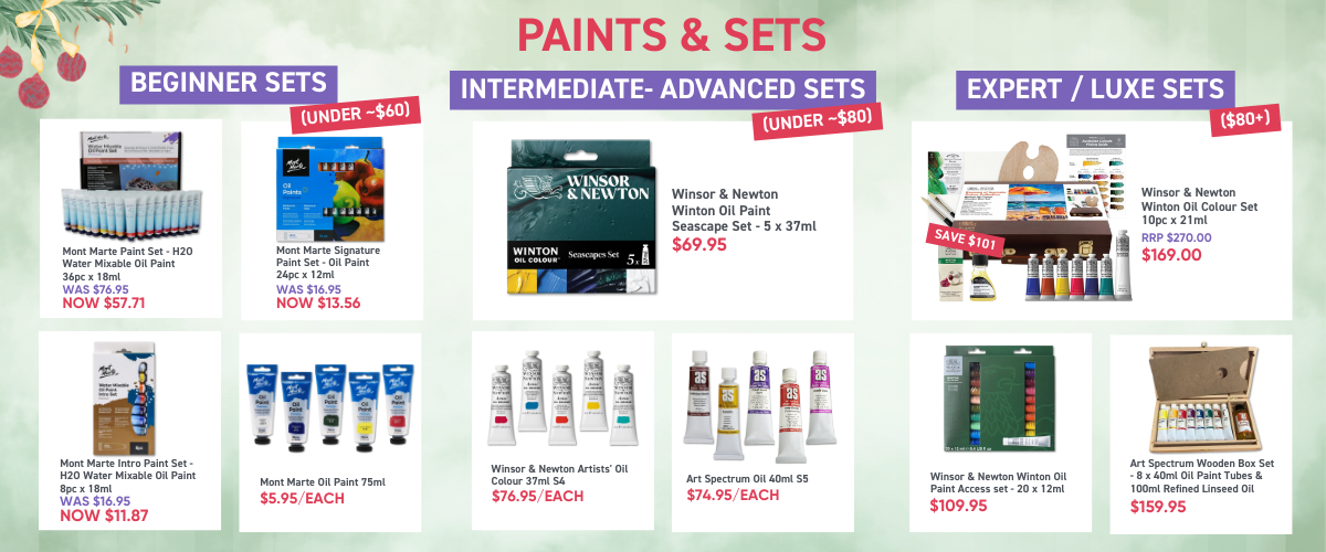 Oil paint gift ideas banner with beginner and professional oil paint sets
