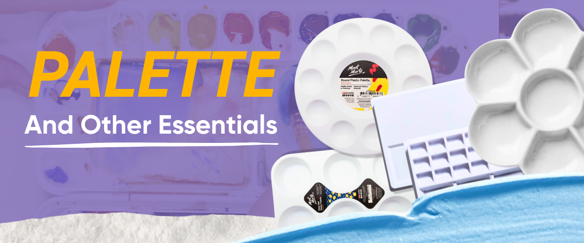Gouache palette and supplies — stay wet palette with gouache paints, water jars and paper towels on a painting desk, Art Shed Australia