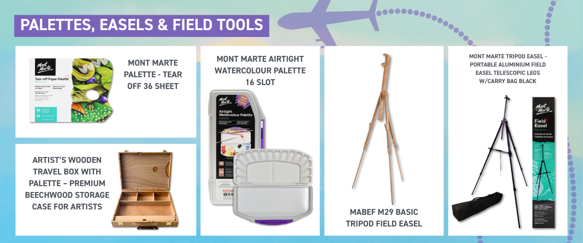 Portable palettes, travel easels and field tools designed for plein air painting and outdoor art sessions.