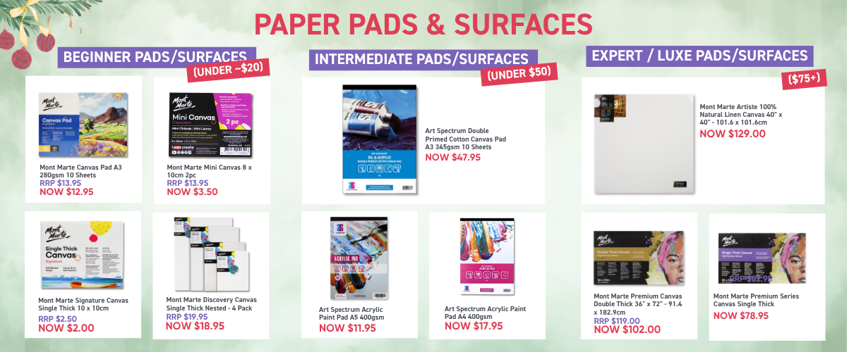 Assorted acrylic-friendly surfaces including canvas pads, stretched canvases, and premium linen canvases presented in a clean layout for the Christmas Gift Guide