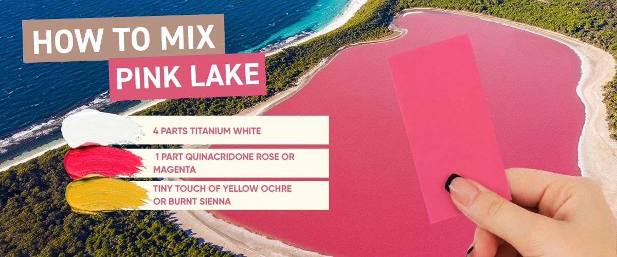 How to mix Pink Lake paint swatch held against aerial view of an Australian pink lake