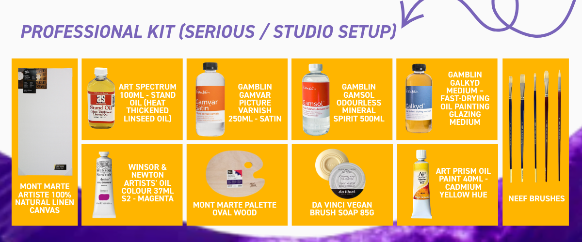 Professional oil painting studio setup with artist oil paints, linen canvas, mediums, brushes and palette tools