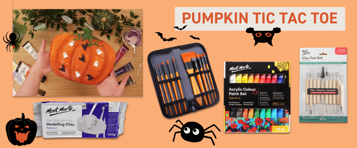DIY pumpkin-shaped tic tac toe game made from air dry clay with painted ghost and witch hat playing pieces