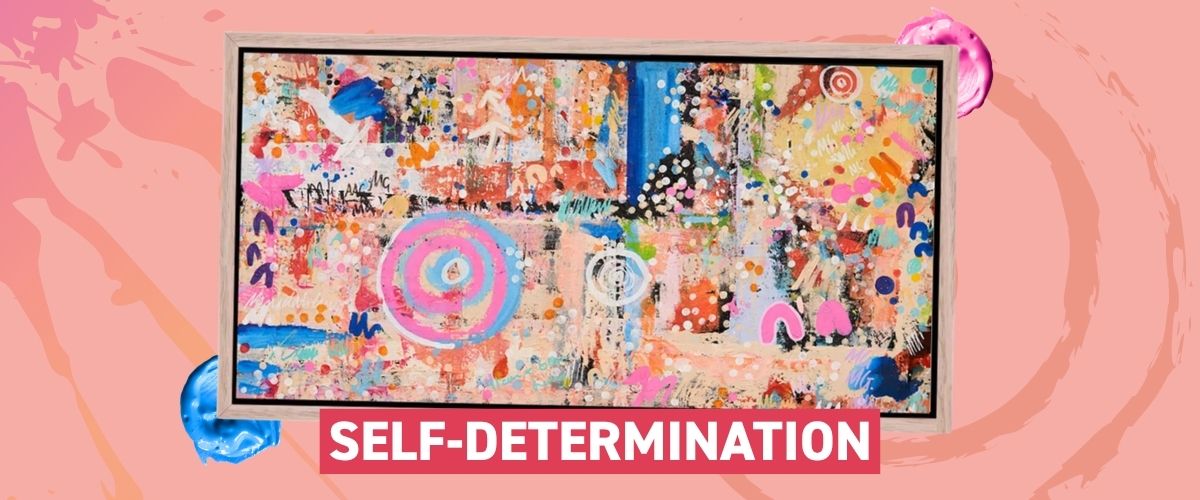 Bayley Mifsud's framed Self-Determination artwork, a colourful abstract piece made from layered paint