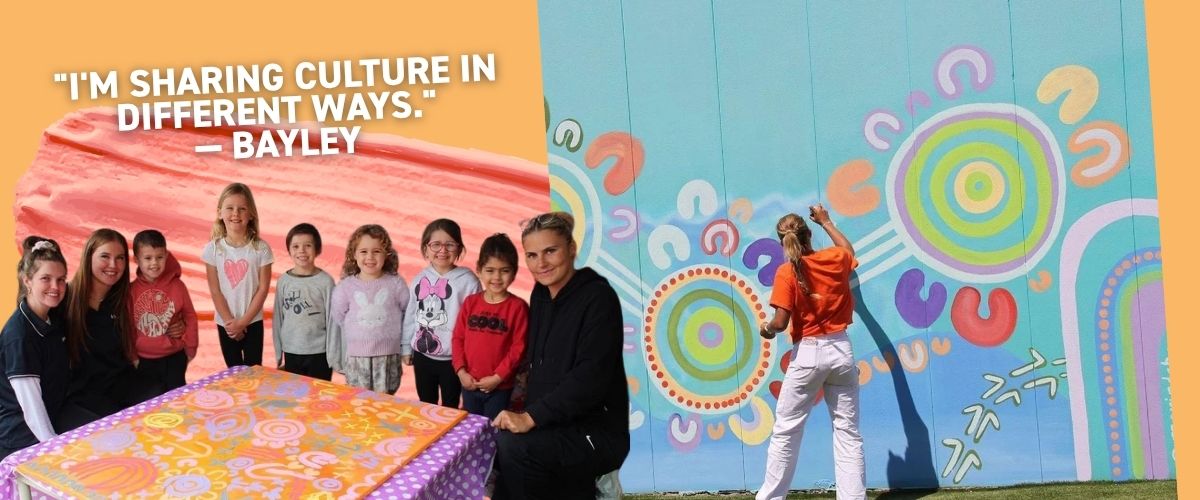 Bayley Mifsud with schoolchildren and painting an Aboriginal-inspired mural on an outdoor wall