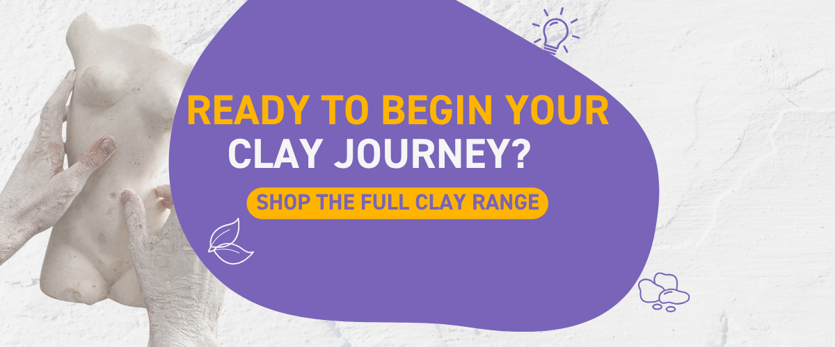 Shop Now button for Art Shed clay starter kits—air-dry, polymer and raku clay supplies