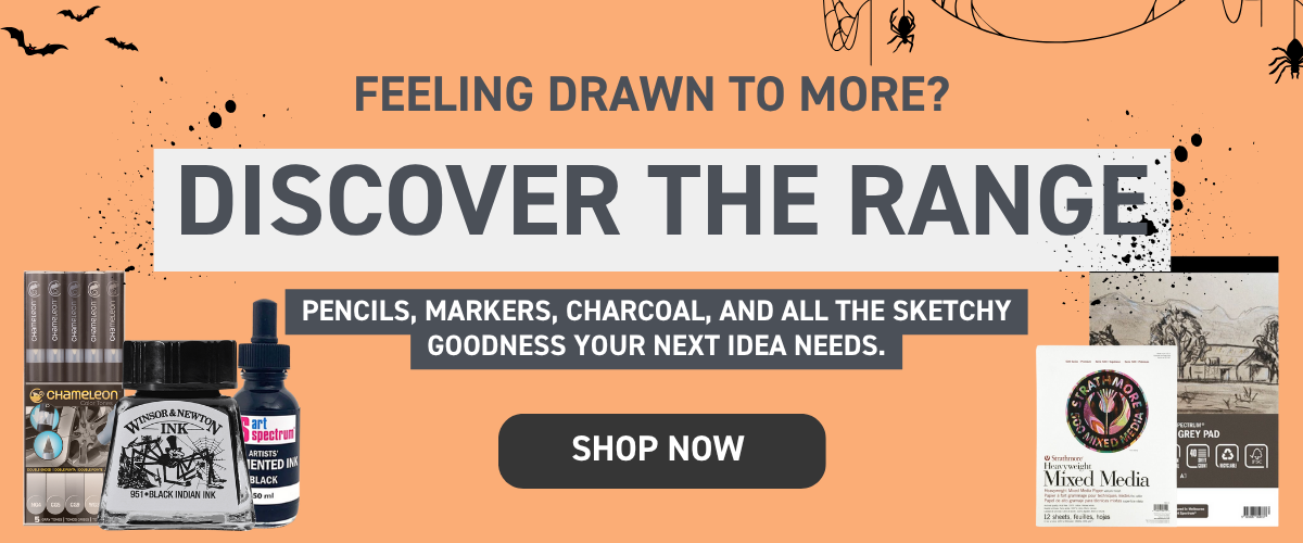 Collection of sketching and drawing tools including pencils, pens, markers, and erasers, linking to Art Shed’s drawing supplies.