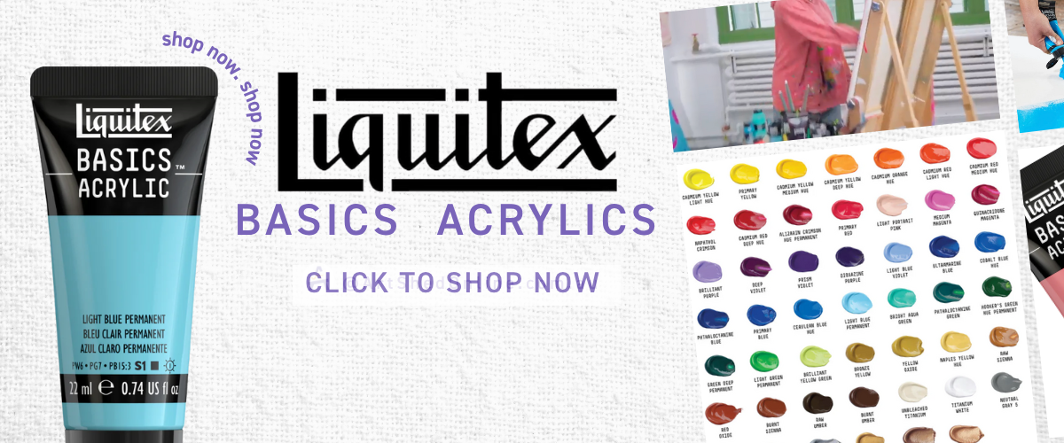 Shop now banner featuring Light Blue Permanent Liquitex Basics tube and 72-colour swatch chart