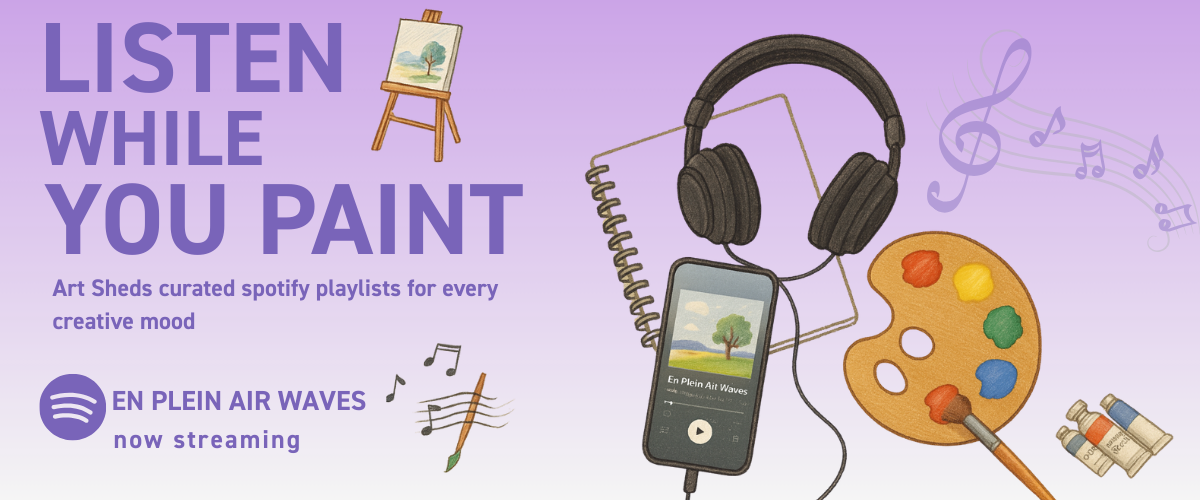 Illustrated sketchbook, paints, and headphones playing ‘En Plein Air Waves’ — Art Shed’s curated Spotify playlist for relaxed, outdoor painting sessions. A creative setup that captures the vibe of mindful art with music.