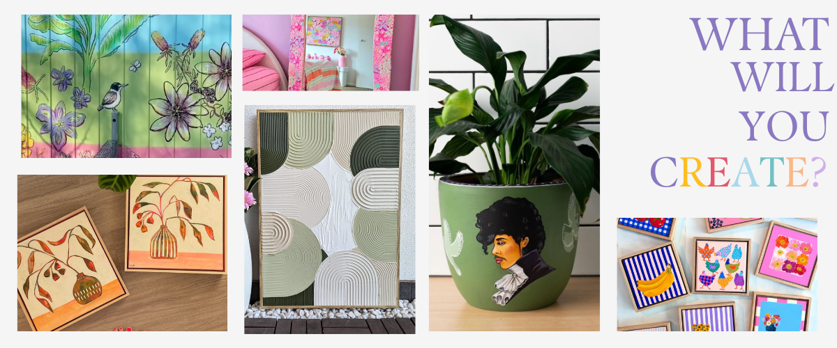Creative spring project ideas using trending colours — painted herb pots, pastel canvases, floral trays, and lavender mirror edges to spark DIY home decor inspiration