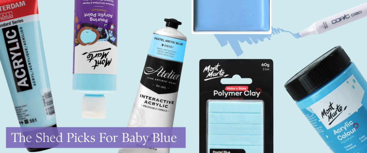 Baby blue art supplies from Art Shed including Amsterdam Sky Blue Light Acrylic, Mont Marte Sky Blue Pot, and Copic B23 Marker — perfect for fresh spring artworks