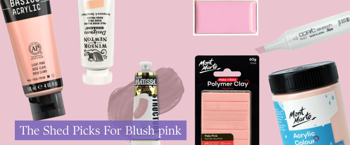 Soft blush pink art supply trio including Winsor & Newton Pale Rose Gouache, Liquitex Light Pink Acrylic, and Copic RV23 Pure Pink — for dreamy feminine palettes