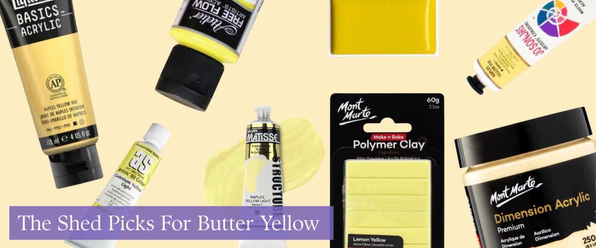 Warm butter yellow supplies including Liquitex Naples Yellow, Mont Marte Naples Yellow Pot, and Kuretake Cadmium Yellow — for uplifting sunny tones