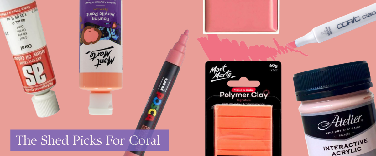 Peachy coral art supply trio featuring Mont Marte Coral Pouring Paint, Posca Coral Pen, and Atelier Pastel Coral — perfect for modern spring palettes and DIY home refreshes