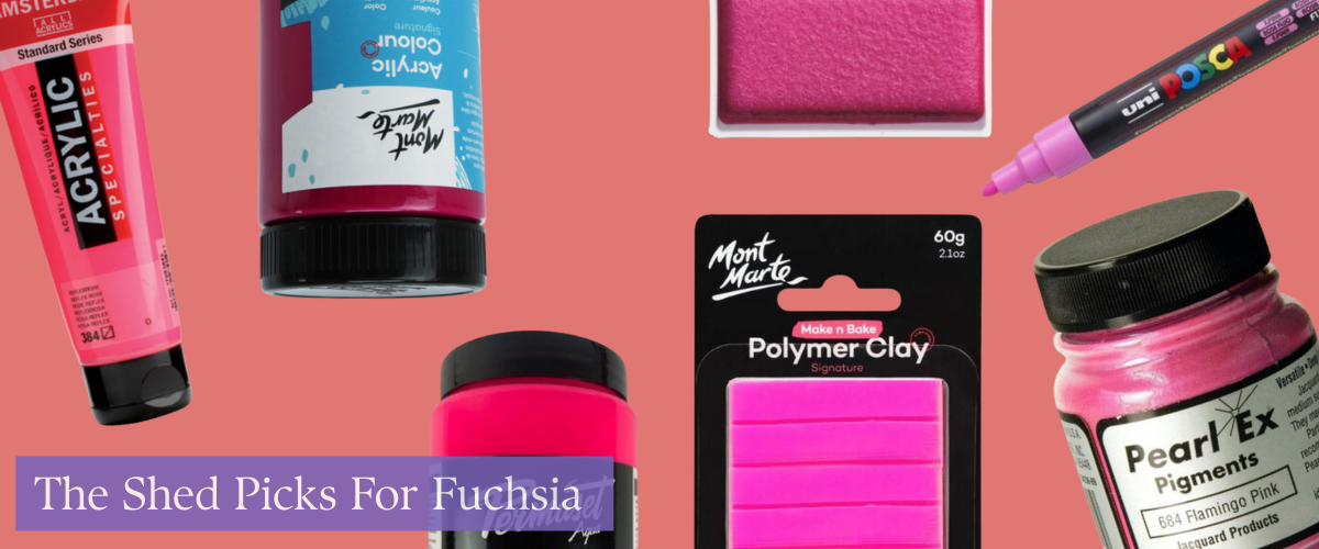 Vibrant fuchsia pink art tools featuring Amsterdam Reflex Rose Acrylic, Permaset Glow Pink Ink, and Mont Marte Poster Paint Pink — the pop that finishes a palette