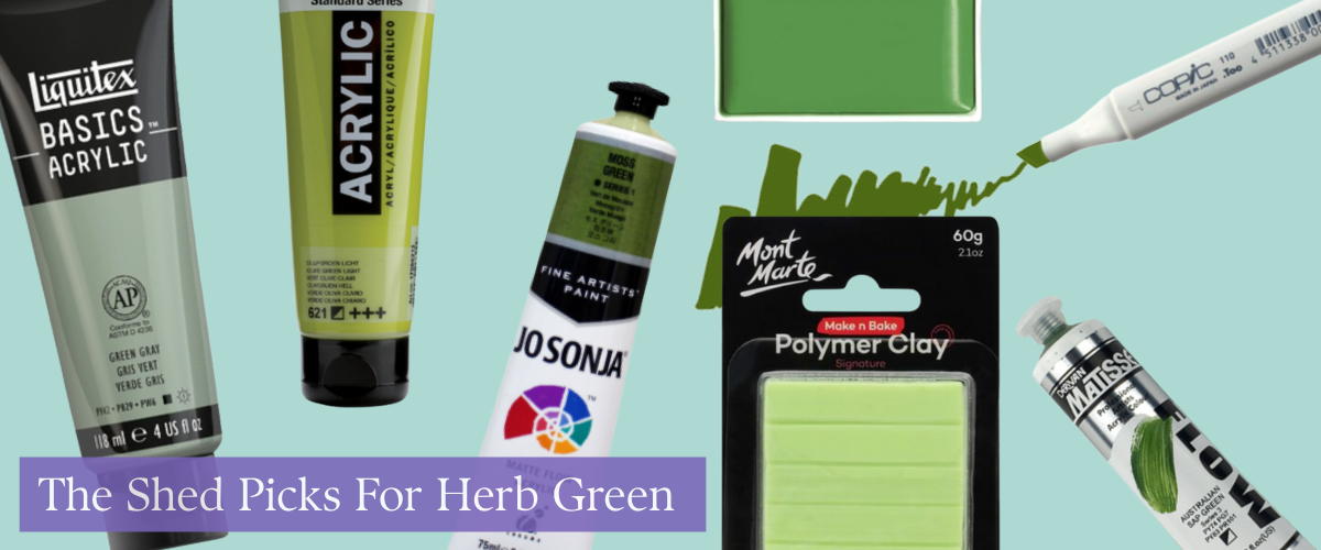Herb green paint and ink selections featuring Jo Sonja Moss Green, Matisse Sap Green, and Copic Marine Green — ideal for botanical-inspired creations
