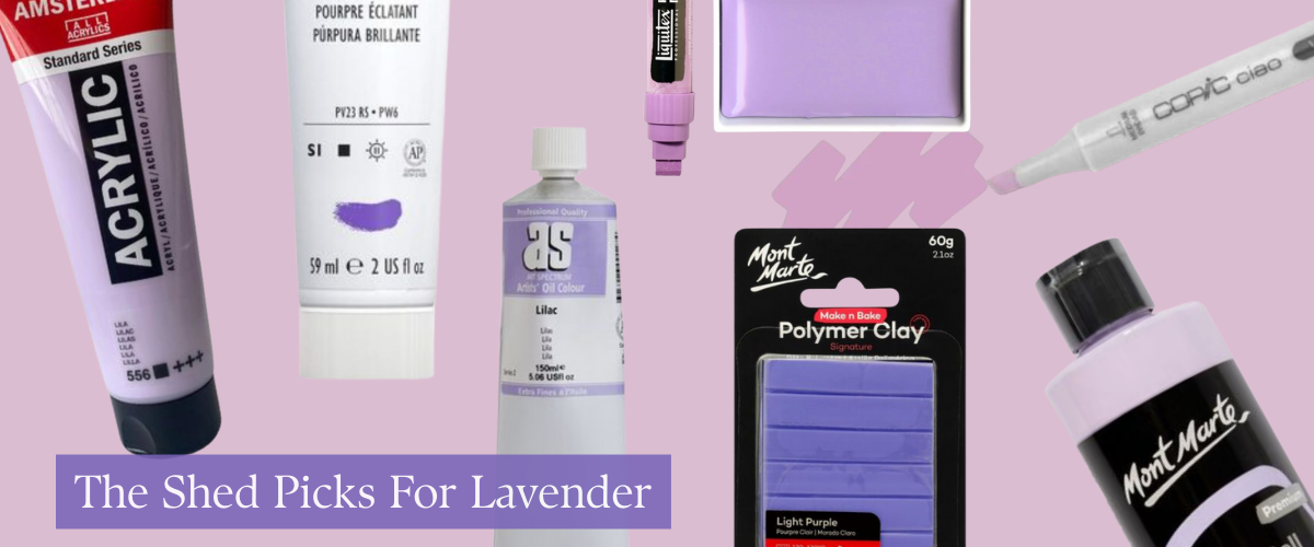 Lavender and lilac spring art supplies featuring Amsterdam Pastel Lilac Acrylic, Liquitex Brilliant Purple, and Mont Marte Light Purple Polymer Clay