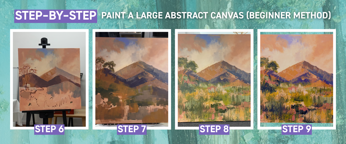 Four-panel step-by-step collage showing mountain shadows, fields and the finished large abstract landscape painting