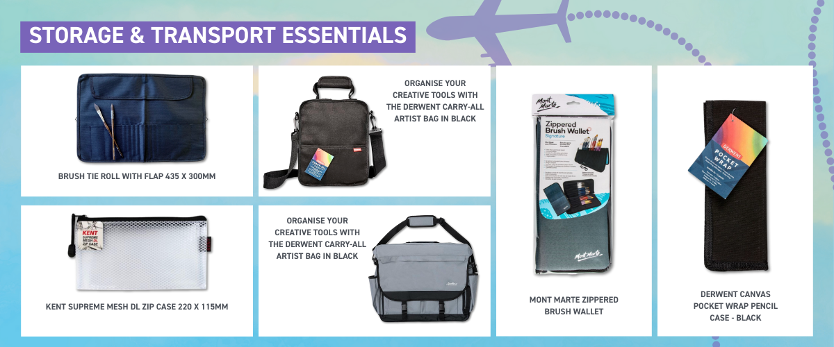 Artist storage and transport solutions including brush wallets, pencil cases and carry bags for travel art supplies.