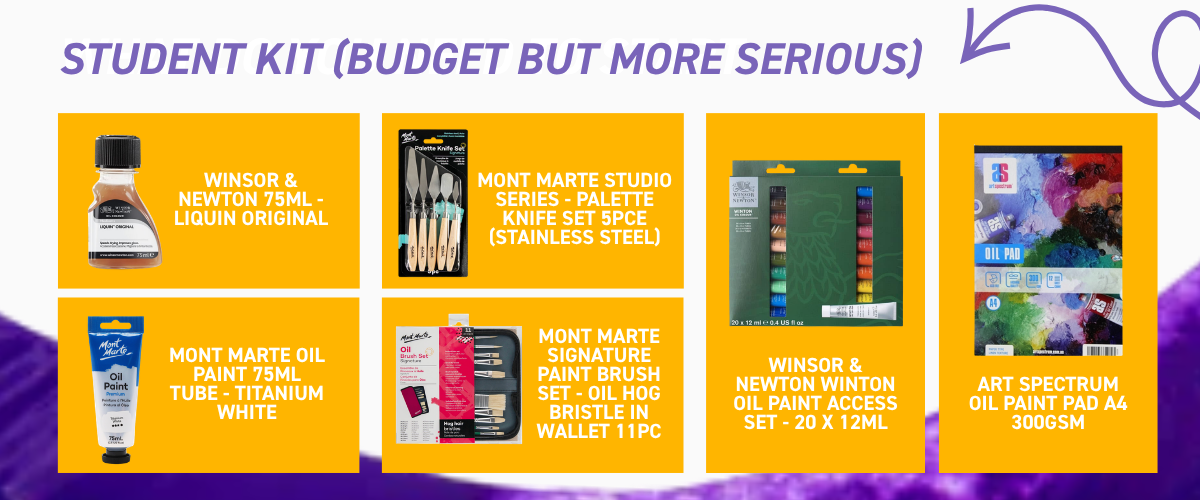 Student oil painting kit with expanded colour palette, hog bristle brushes, palette knife and oil painting pad