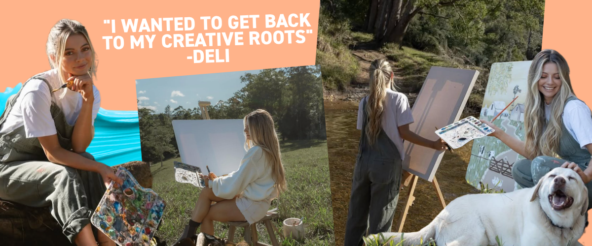 Created By Deli painting en plein air beside a creek with her dog, quote reads I wanted to get back to my creative roots
