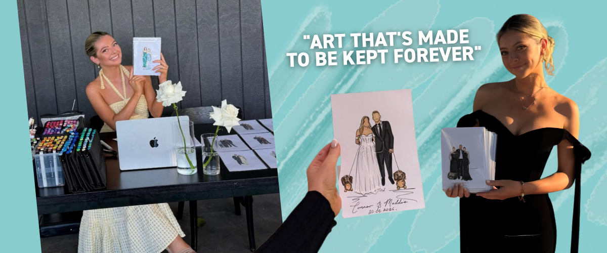 Created By Deli's live wedding sketching setup with a hand drawn wedding couple portrait, quote reads art that's made to be kept forever