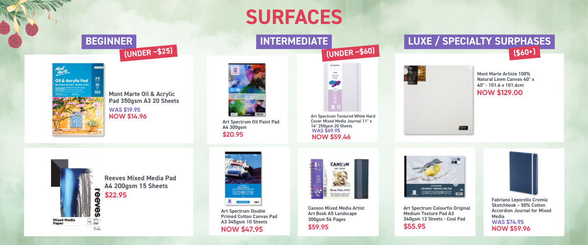 Oil painting surfaces banner with canvas pads, journals and linen canvases