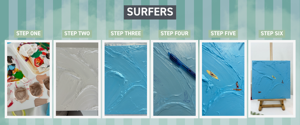 Textured surfer painting inspired by coastal art using modelling paste and acrylic paint on canvas