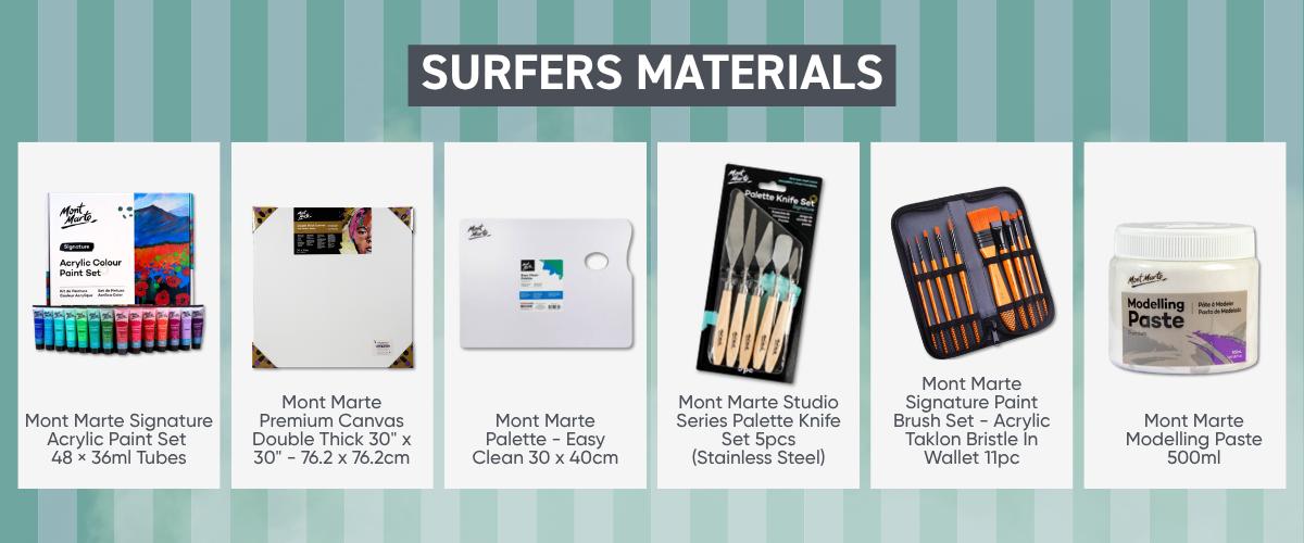 Art supplies for textured canvas painting including modelling paste, palette knife, acrylic paint and large canvas