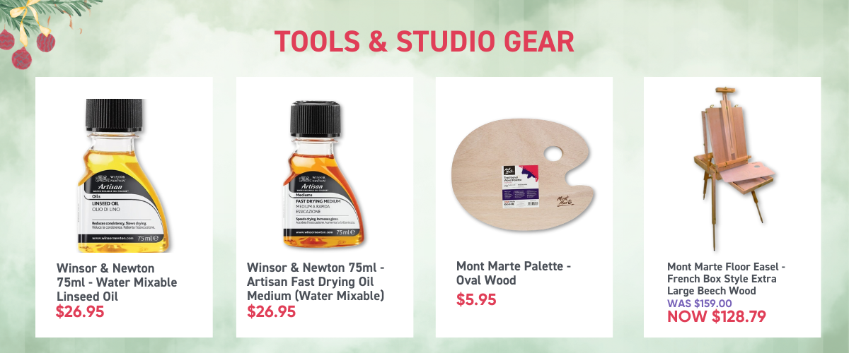 Oil painting tools banner showing palettes, easels and studio essentials