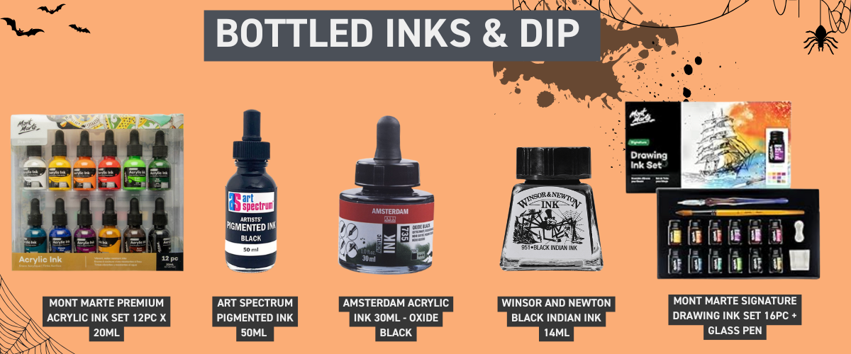 Selection of bottled inks for dip pens and washes, including waterproof and water-soluble options for Inktober illustrations.